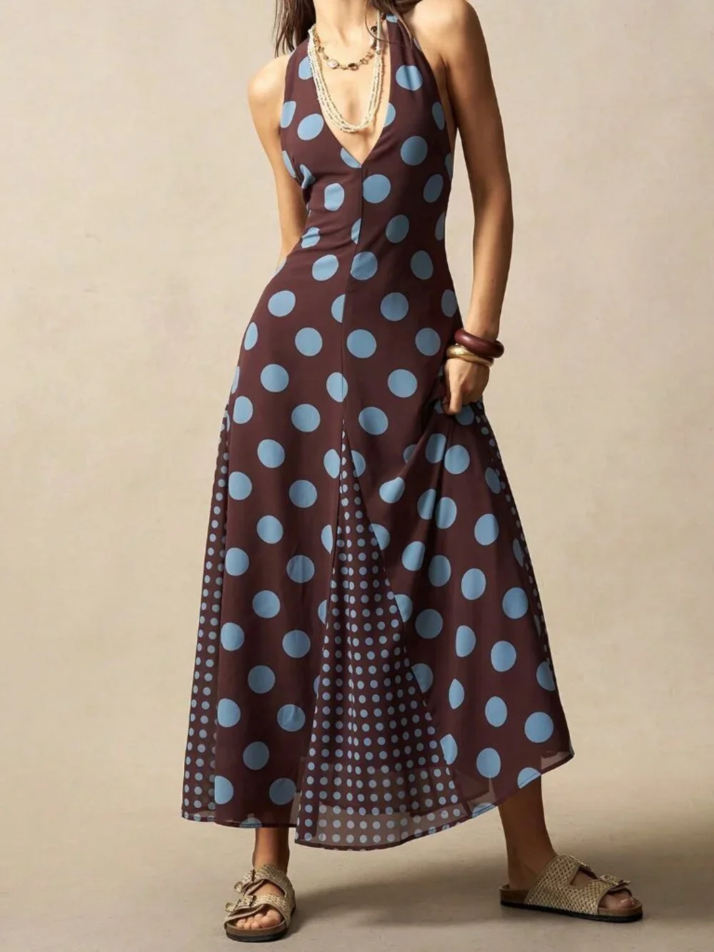 Brown Boho Women's Backless Split Thigh Long Halter Dress